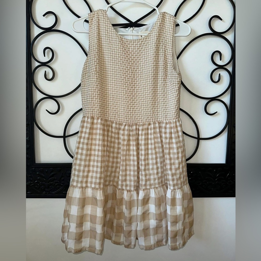 Charming Gingham Dress in Tan and Cream